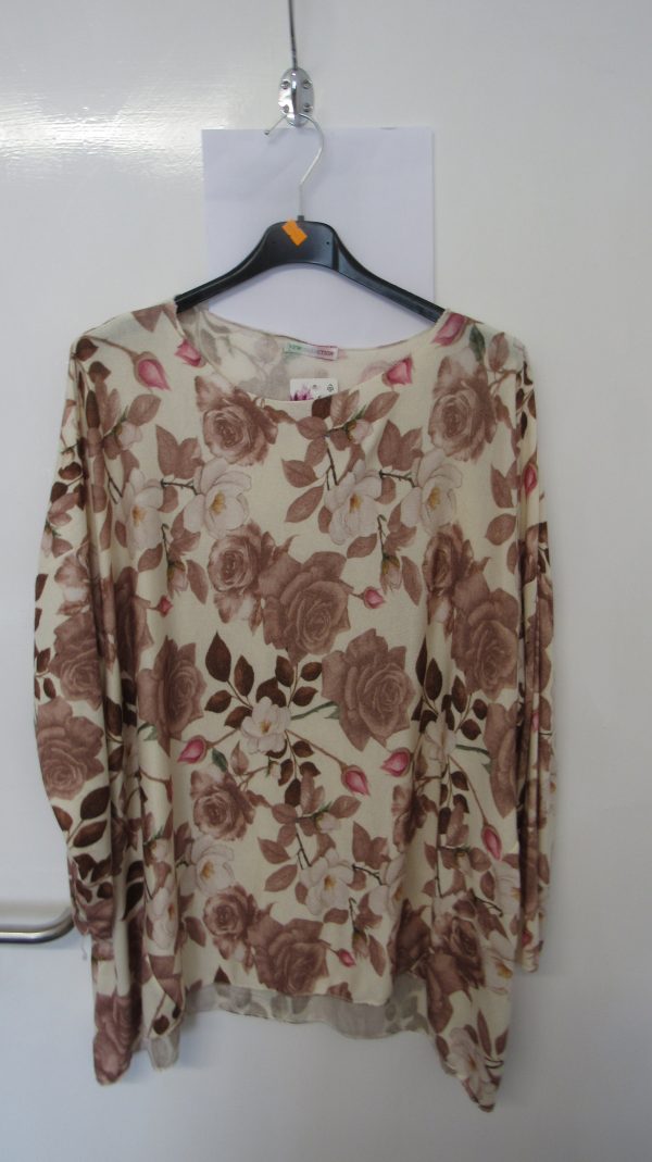New Ladies Beige with Pink Floral Lightweight Jumper One Size fits sizes 16 18 20 22