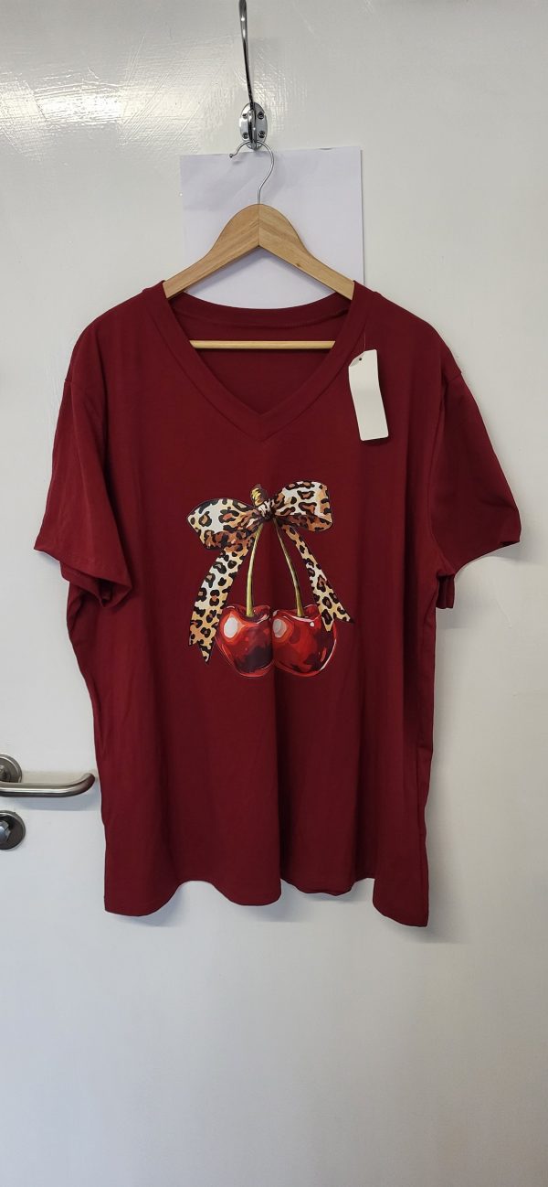 New Ladies Women Wine Cherry Bow V Neck T-shirt One Size Fits 18 20 22