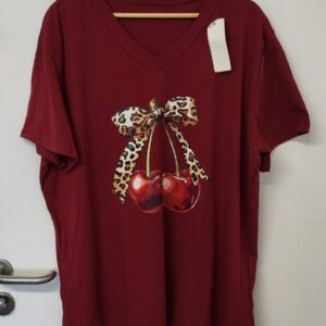 New Ladies Women Wine Cherry Bow V Neck T-shirt One Size Fits 18 20 22