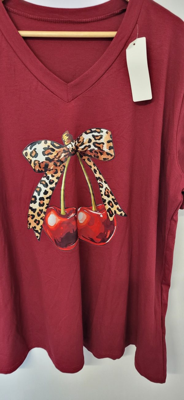 New Ladies Women Wine Cherry Bow V Neck T-shirt One Size Fits 18 20 22 - Image 2