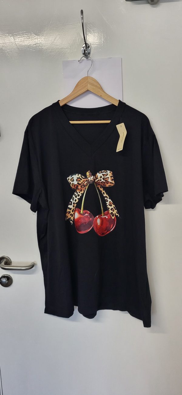 New Ladies Women Black Cherry Bow V Neck T-shirt One Size Fits 18 20 22