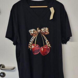 New Ladies Women Black Cherry Bow V Neck T-shirt One Size Fits 18 20 22