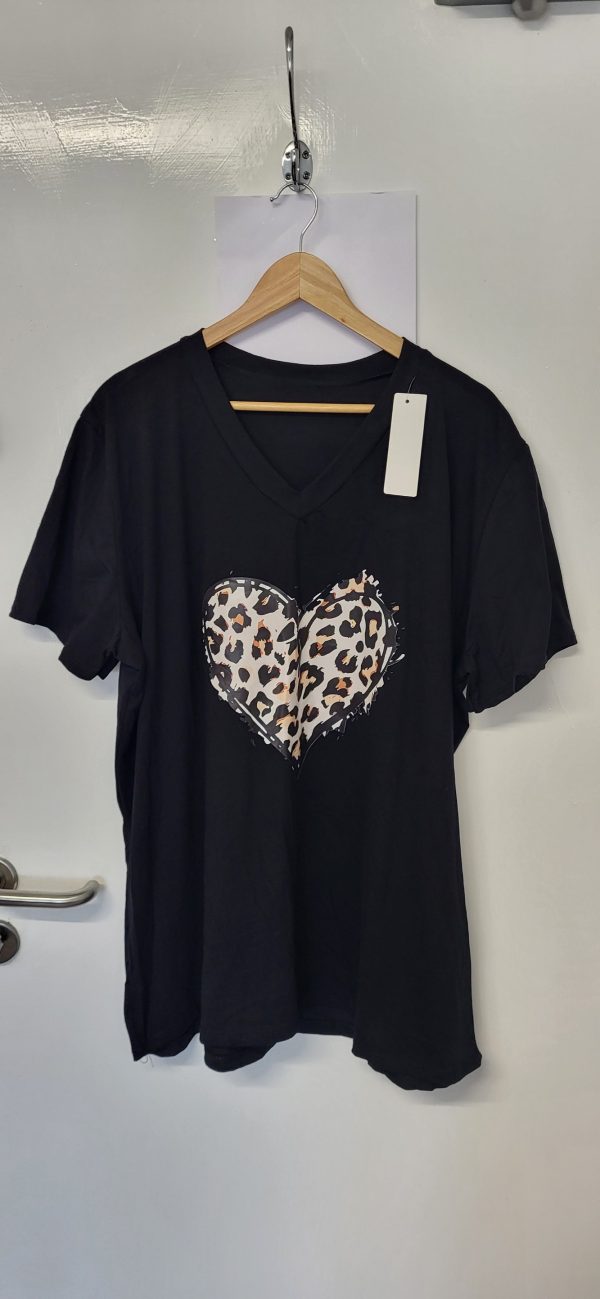 New Ladies Women Black Heart V Neck T-shirt One Size Fits 18 20 22