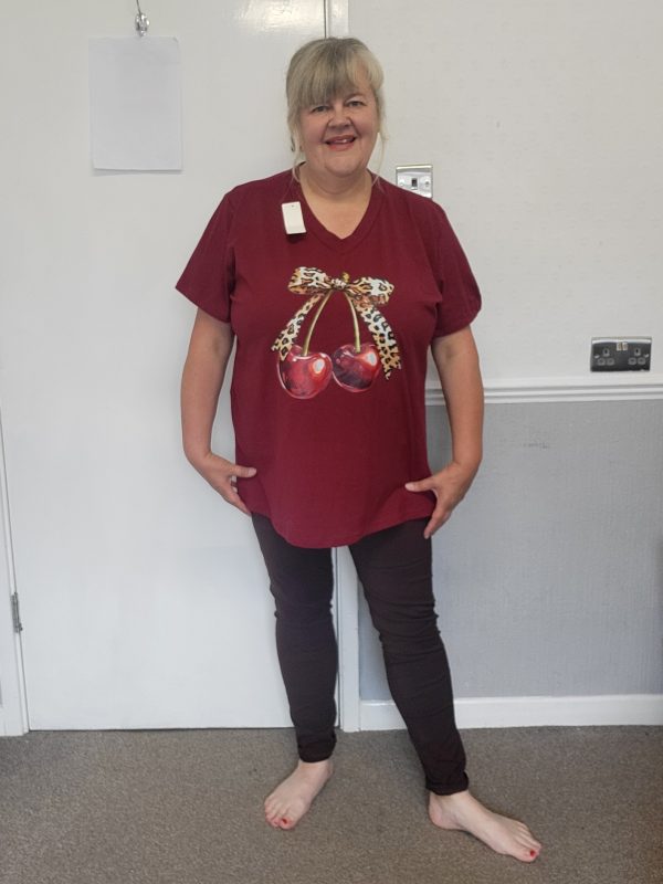 New Ladies Women Wine Cherry Bow V Neck T-shirt One Size Fits 18 20 22 - Image 5