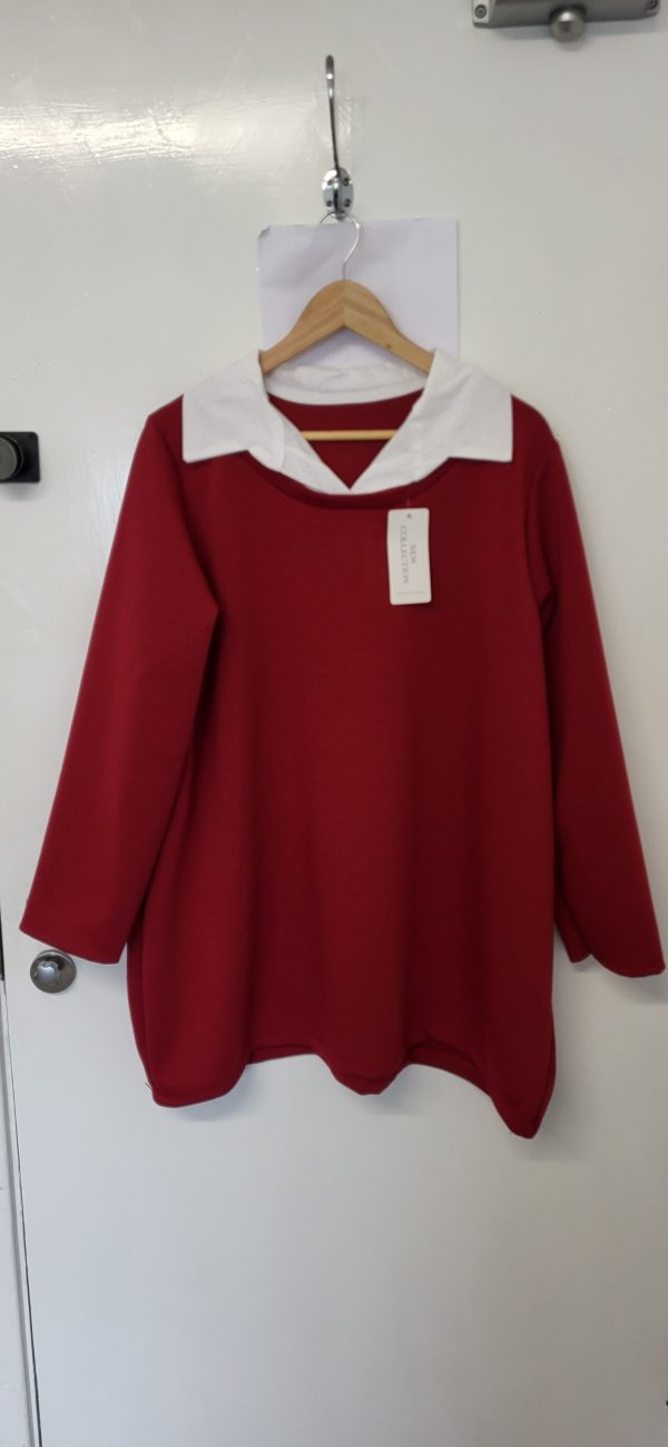 New Burgundy with White Collar Tunic Top One Size fits sizes 18 20 22