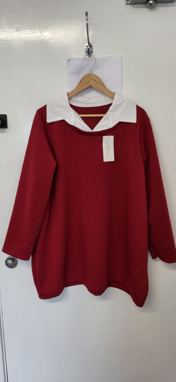 New Burgundy with White Collar Tunic Top One Size fits sizes 18 20 22 - Image 2