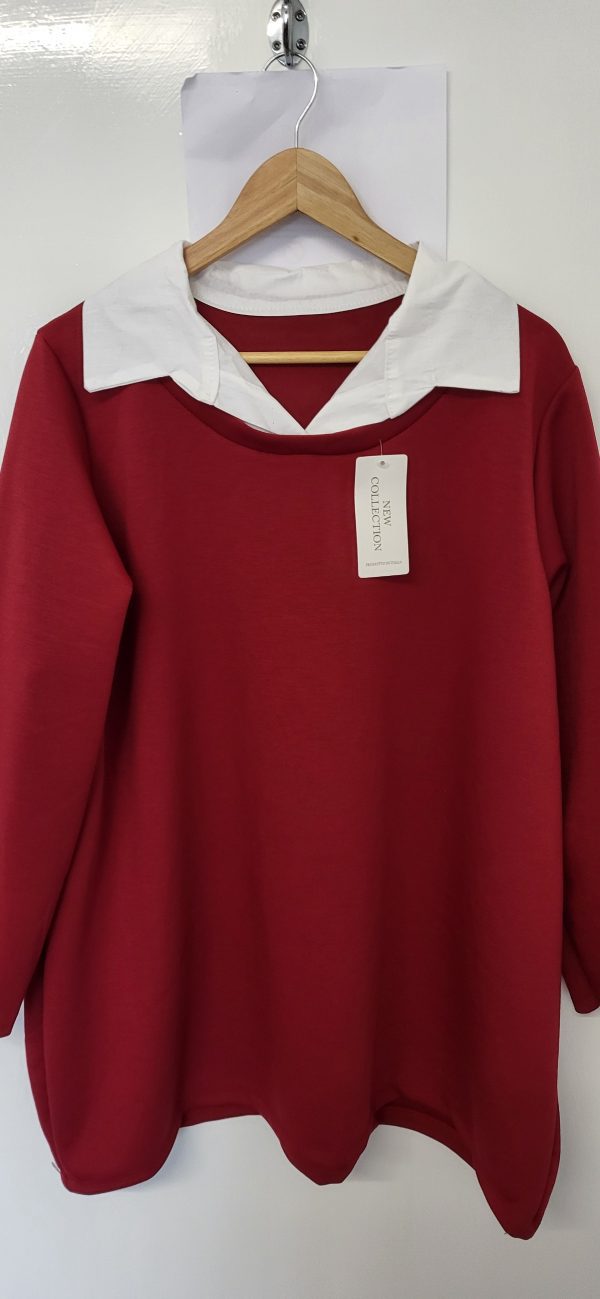 New Burgundy with White Collar Tunic Top One Size fits sizes 18 20 22 - Image 3