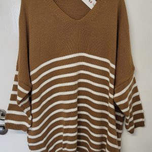 NEW Ladies Camel White Stripe Jumper One Size Fits 18 20 22 24