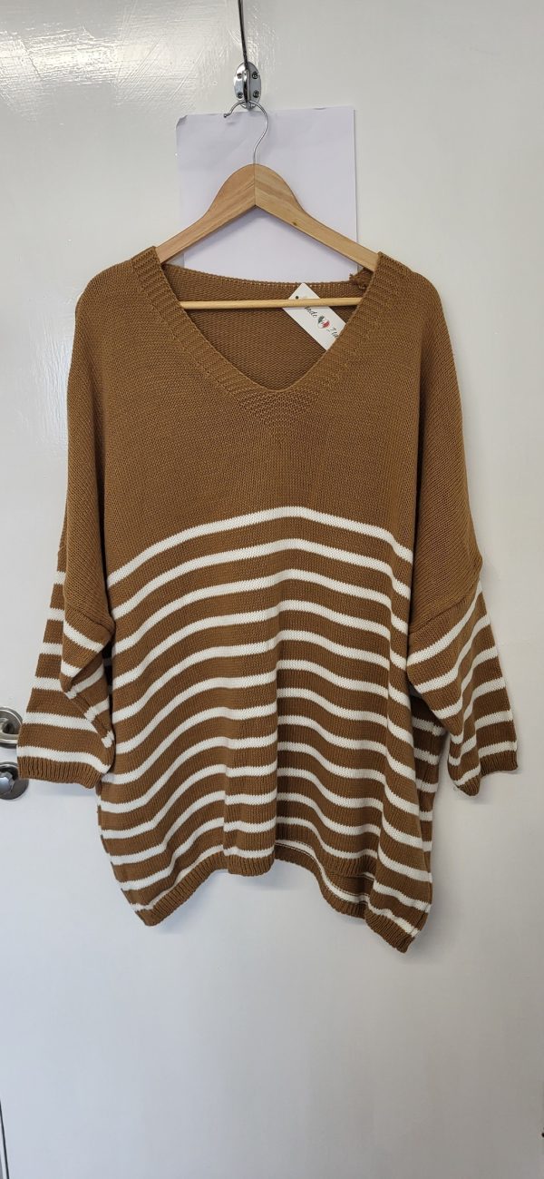 NEW Ladies Camel White Stripe Jumper One Size Fits 18 20 22 24