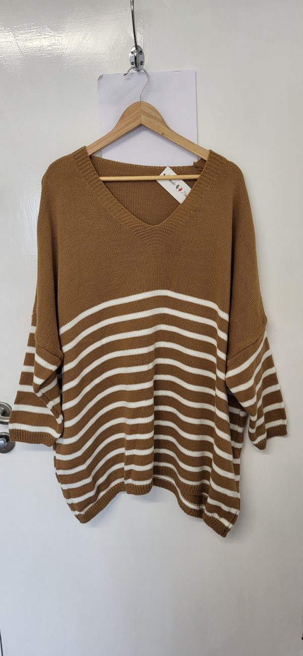 NEW Ladies Camel White Stripe Jumper One Size Fits 18 20 22 24 - Image 2