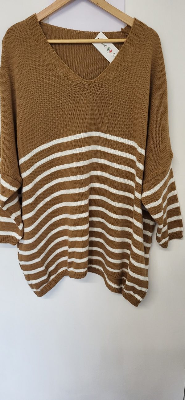 NEW Ladies Camel White Stripe Jumper One Size Fits 18 20 22 24 - Image 3