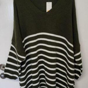 NEW Ladies Khaki White Stripe Jumper One Size Fits 18 20 22 24