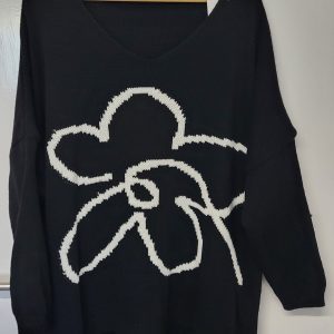 New Ladies Black Flower Jumper One Size fits sizes 18 20 22 24