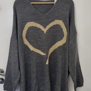 NEW Ladies Grey with Gold Lurex Heart Jumper One Size Fits 18 20 22