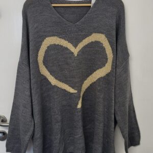 NEW Ladies Grey with Gold Lurex Heart Jumper One Size Fits 18 20 22