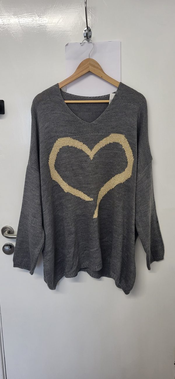 NEW Ladies Grey with Gold Lurex Heart Jumper One Size Fits 18 20 22 - Image 2