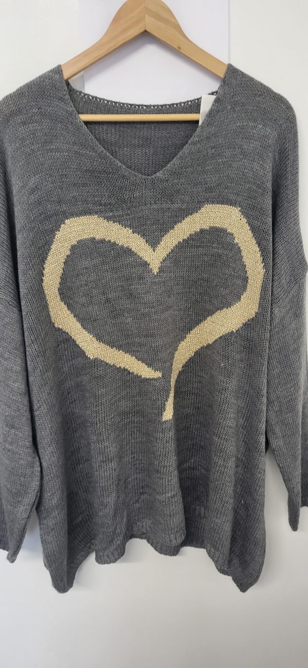 NEW Ladies Grey with Gold Lurex Heart Jumper One Size Fits 18 20 22 - Image 3