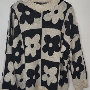 New Ladies Beige with Black Flower Jumper One Size fits sizes 18 20 22
