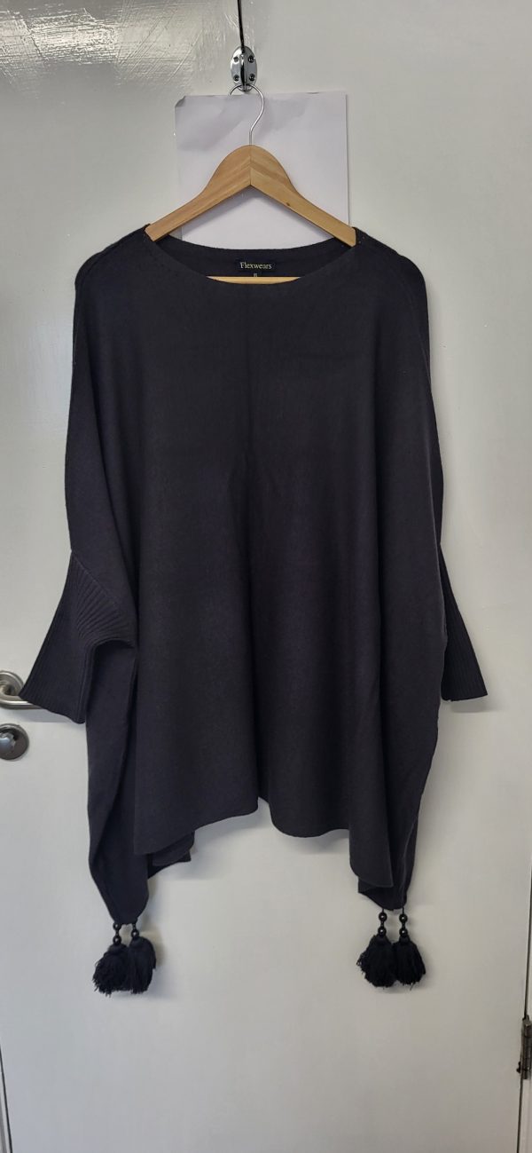 Charcoal Grey Ladies Batwing Tassel Poncho One size fits sizes 18 20 22 24 26