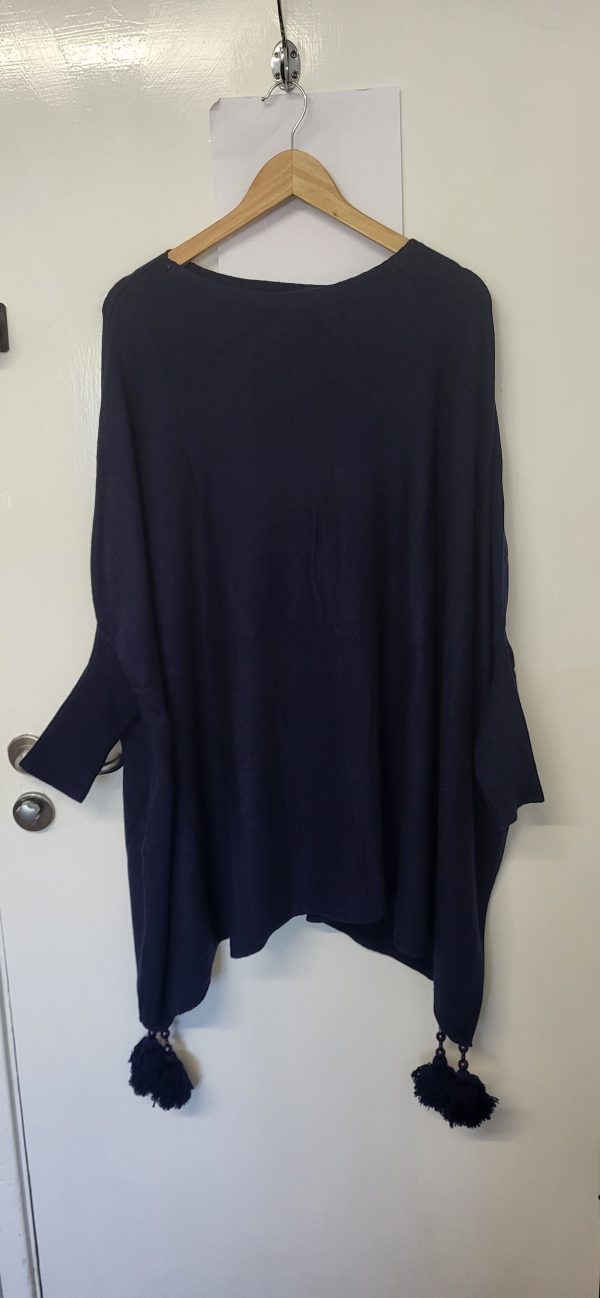 Navy Blue Ladies Batwing Tassel Poncho One size fits sizes 16 18 20 22 24 26