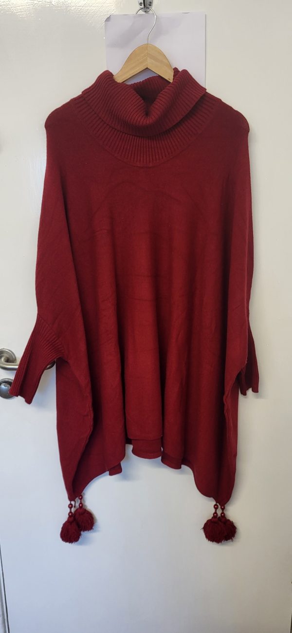 NEW Wine Cowl Neck Tassel Soft Poncho Jumper One size fits sizes 18 20 22 24 26 28
