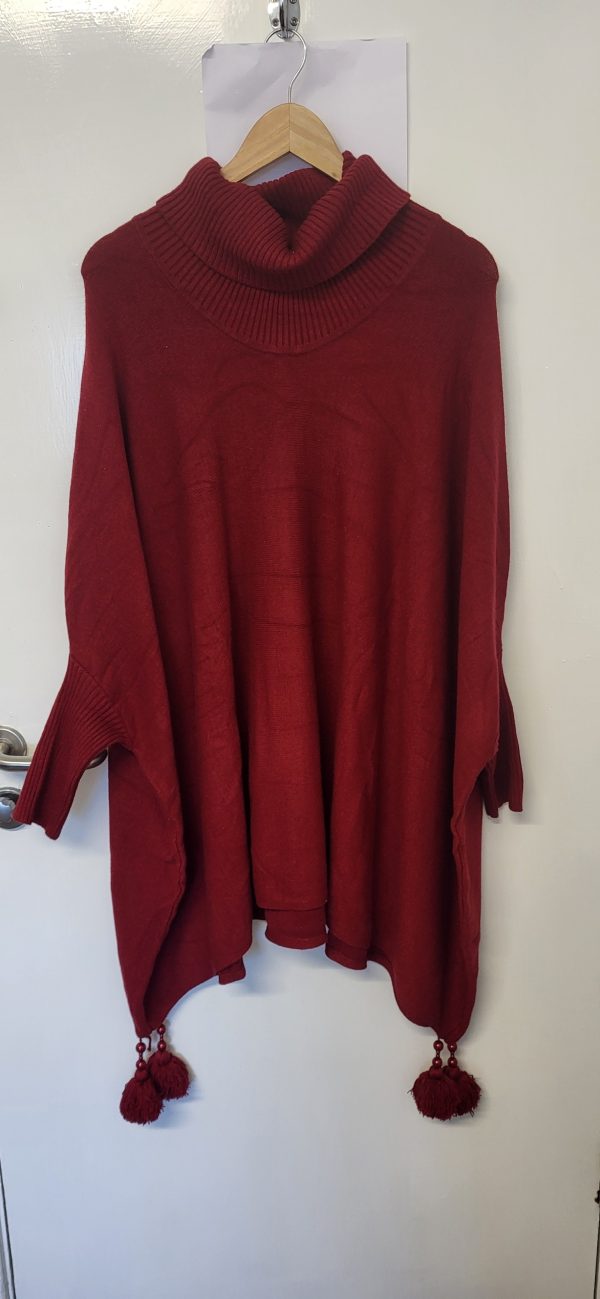 NEW Wine Cowl Neck Tassel Soft Poncho Jumper One size fits sizes 18 20 22 24 26 28 - Image 2