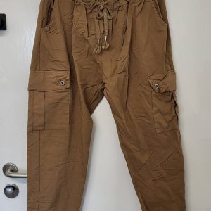 NEW Ladies Tan Stretchy Crinkle CARGO Magic Trousers One Size Fits 16 18 20 22 Size 2