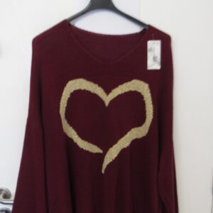NEW Ladies Wine with Gold Lurex Heart Jumper One Size Fits 18 20 22