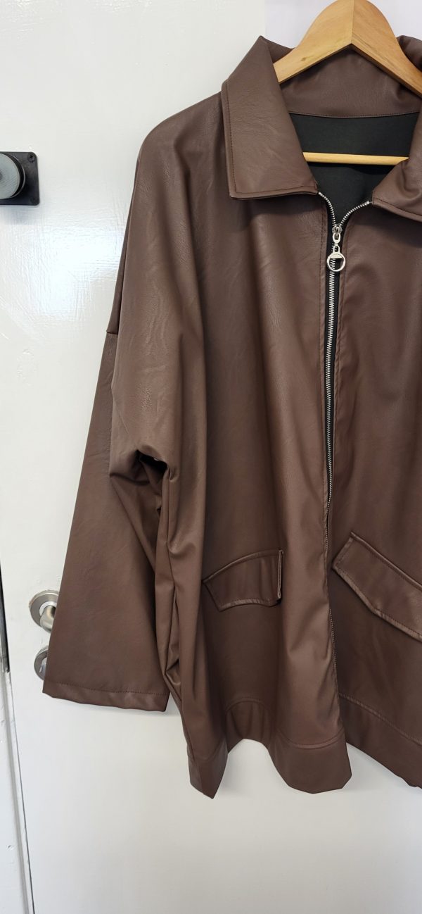 New Ladies PU Brown Zip Up Jacket One Size fits sizes 18 20 22 - Image 3