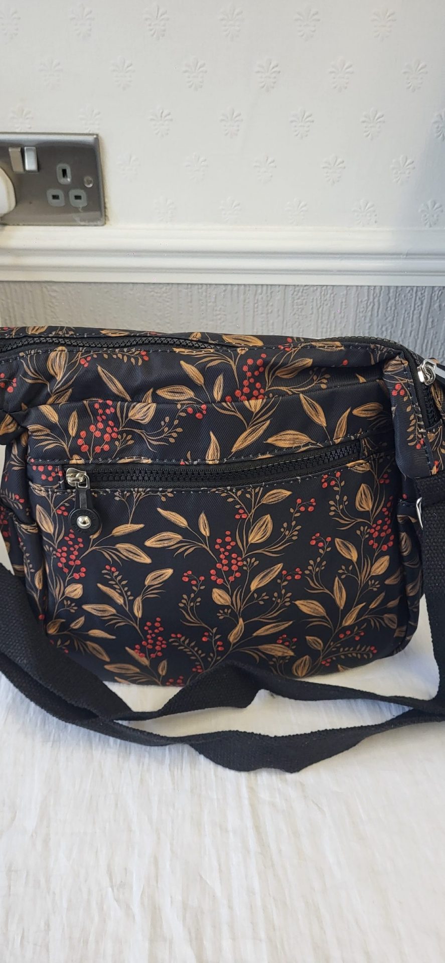 Black Crossbody Bag with Red Fruits Branches New - Image 7