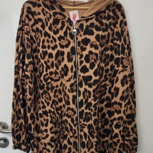 New Ladies Dark Beige Leopard Print Zip Up Hooded Jacket One Size fits sizes 18 20 22