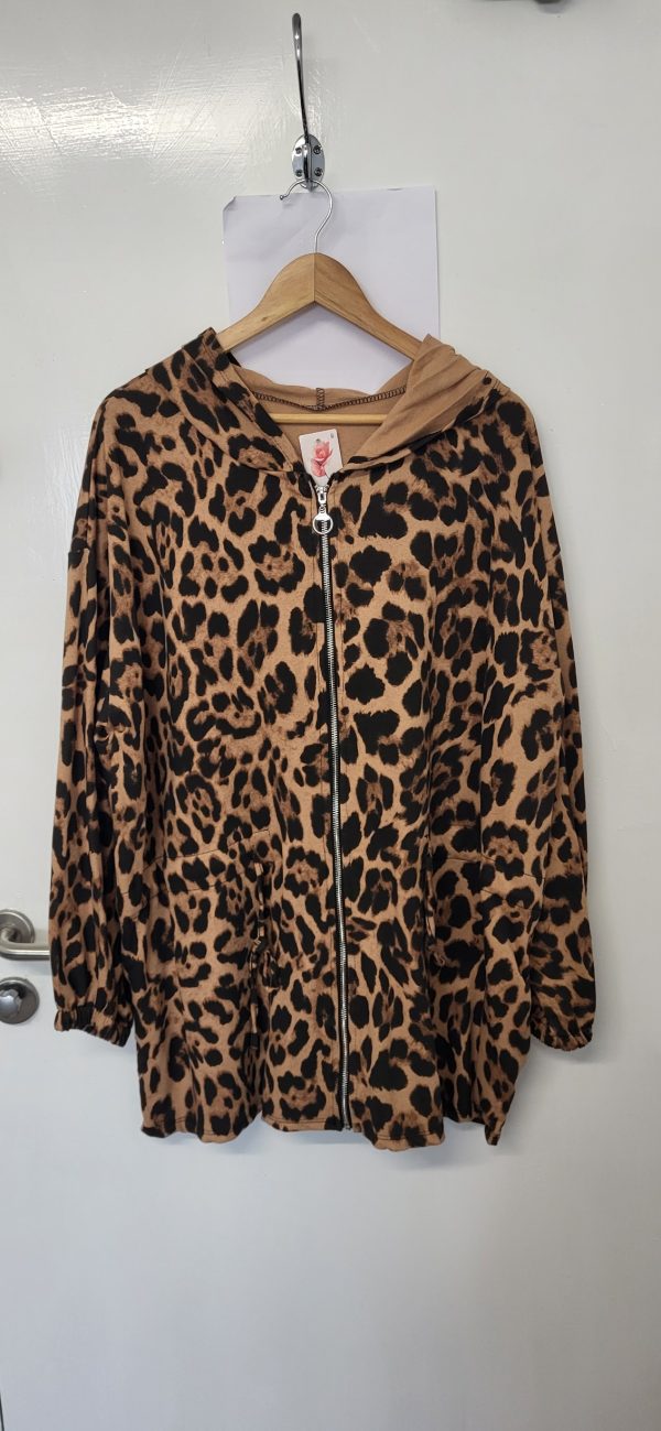 New Ladies Dark Beige Leopard Print Zip Up Hooded Jacket One Size fits sizes 18 20 22