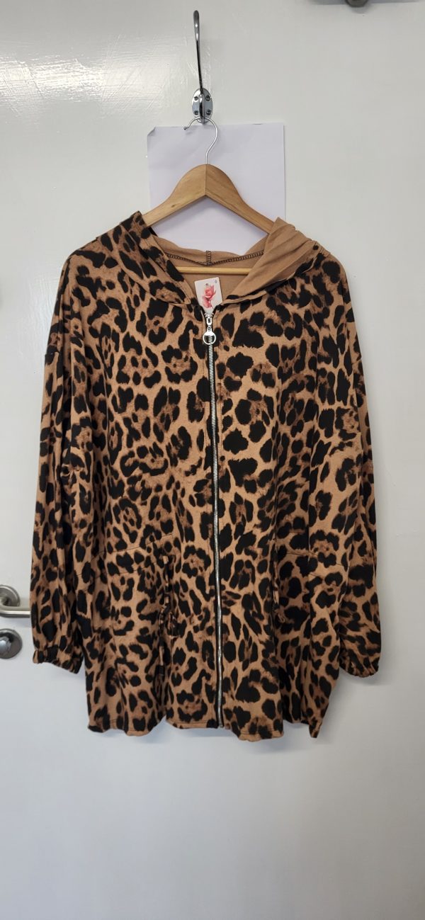 New Ladies Dark Beige Leopard Print Zip Up Hooded Jacket One Size fits sizes 18 20 22 - Image 2