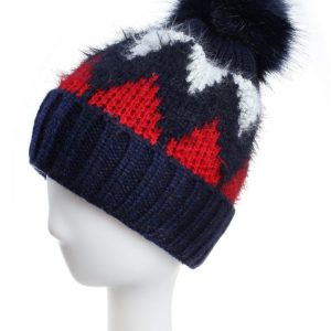 Blue Tricolour Zigzag Pompom Beanie Hats
