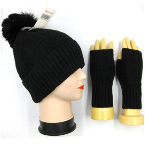 Black Plush Knitted Pompom Hat and Fingerless Gloves Set