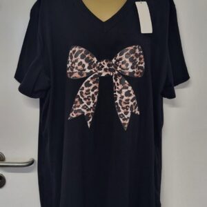 New Ladies Women Black Bow V Neck T-shirt One Size Fits 18 20 22