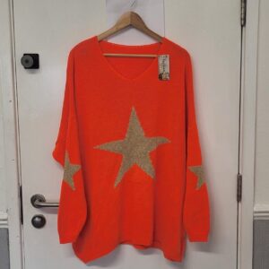 New Ladies Orange Beige Lurex Star Jumper One Size fits sizes 20 22