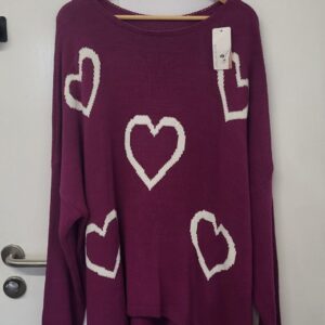 New Ladies Purple with White Hearts High Low Jumper One Size fits sizes 20 22