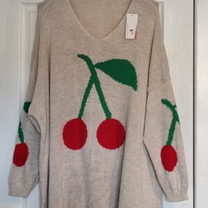 NEW Ladies Beige Cherry Jumper One Size Fits 20 22