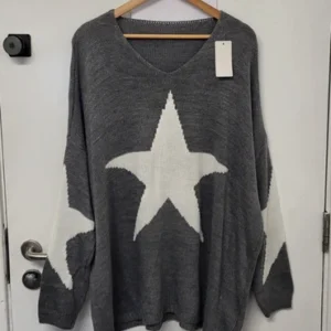 NEW Ladies Charcoal Grey with White Star Jumper One Size Fits 20 22 24