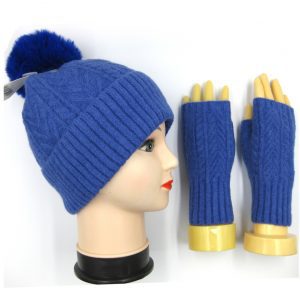 Blue Plush Knitted Pompom Hat and Fingerless Gloves Set