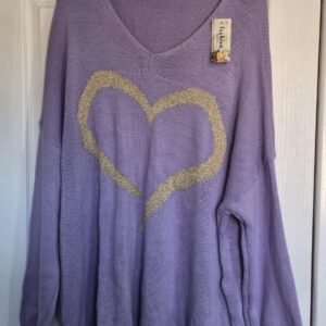 NEW Ladies Purple with Gold Lurex Heart Jumper One Size Fits 18 20 22