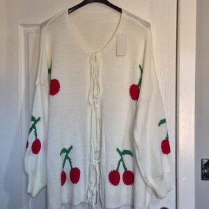 NEW Ladies Winter White Cherry Tie front Cardigan Plus Size One Size fits sizes 18 20 22