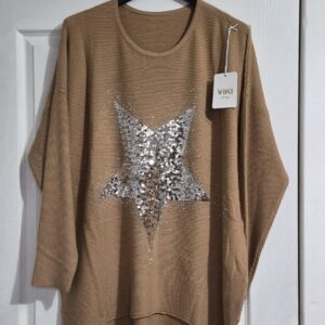 Jumper New Tags Tan Colour Ladies Womens Star Sequin Sparkle One Size fits sizes 16 18