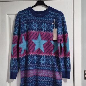Sweet Lady Royal Blue with Pink Star Long Jumper New Tags Wool L / XL Fits 16 18
