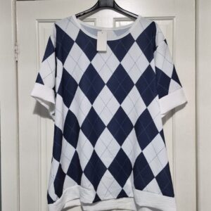 New Ladies Blue White Diamond Top One Size fits sizes 18 20 22