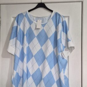 New Ladies Blue White Diamond Top One Size fits sizes 18 20 22