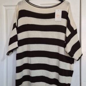 NEW Ladies Brown with Cream Striped Short Sleeved Jumper One Size fits sizes 18 20 22