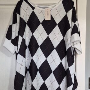 New Ladies Black White Diamond Top One Size fits sizes 18 20 22