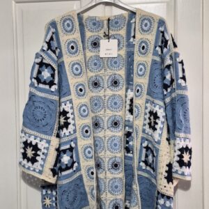 New Ladies Crochet Pale Blue Circle Cardigan One Size fits sizes 16 18 20 22